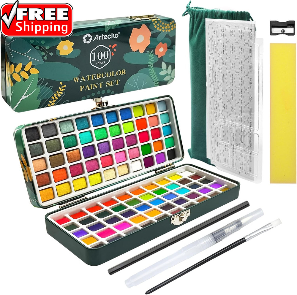 Watercolor Paint Set 100 Colors with Metallic in Portable Box, Paint Kit with Wa