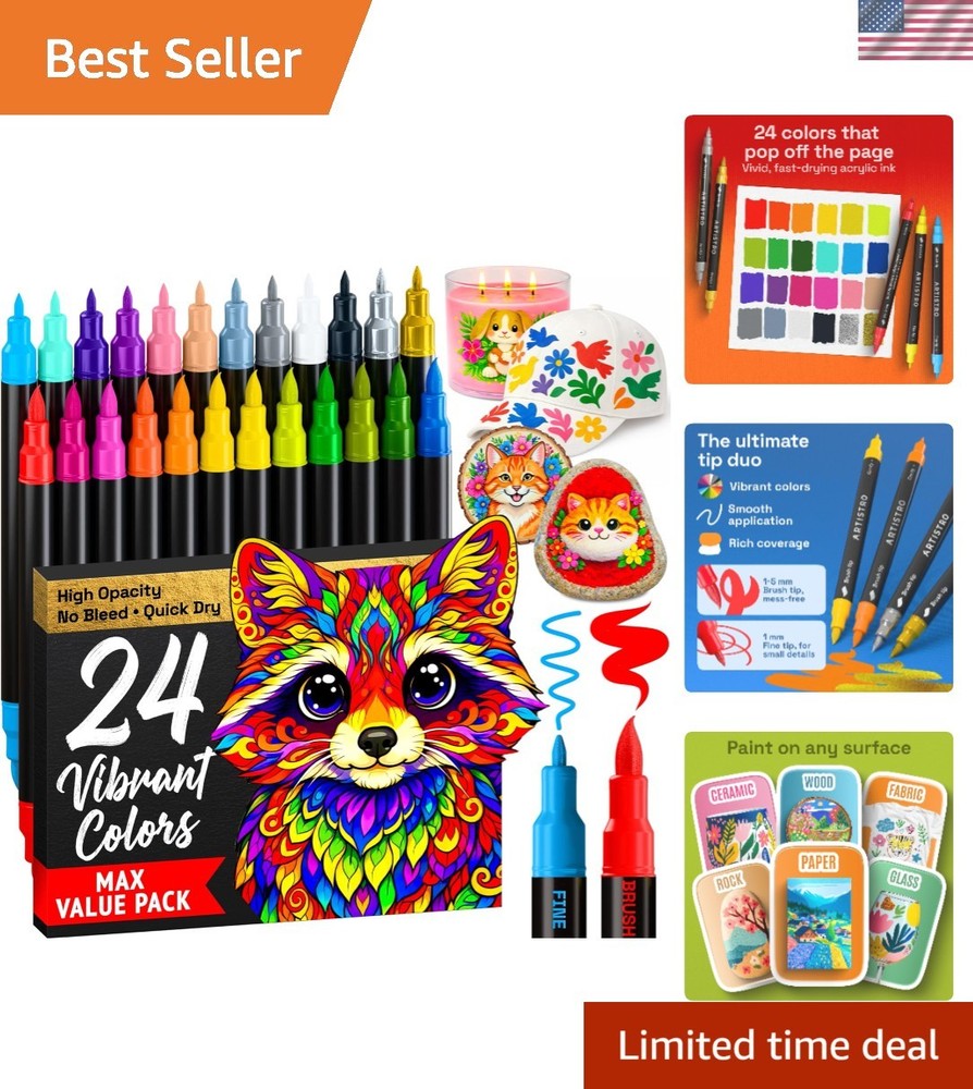 24 Acrylic Paint Markers – Paint Pens for Drawing, Brush + Fine Tips – for Fabri