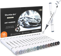 15 Colors Grey Tones Dual Tip Art Marker, Alcohol Based Marker Pens Double Ended