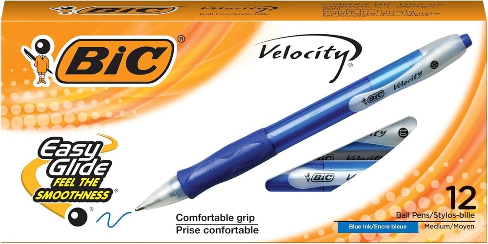 BIC Velocity Retractable Ballpoint Pens, Medium Point (1.0 mm), Blue Ink Pens,