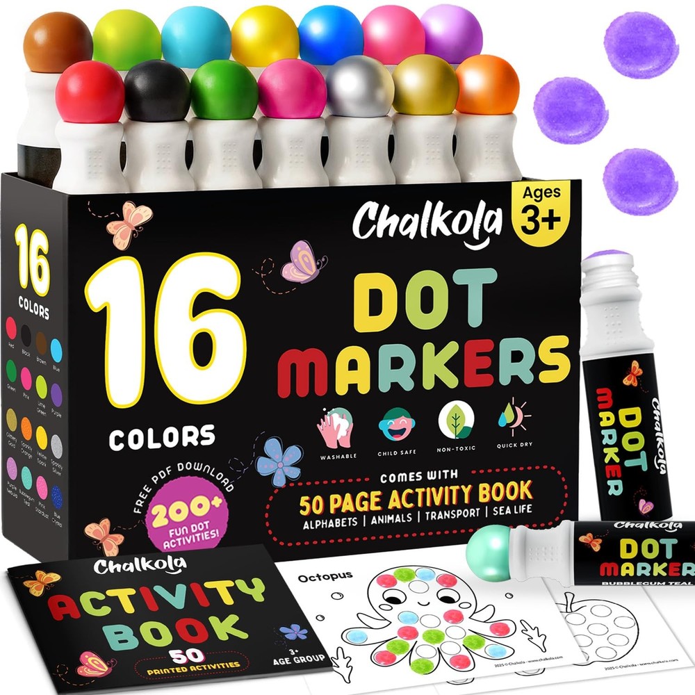 Chalkola 16 Washable Dot Markers for Toddlers | w/ 50 Page Coloring Activity …