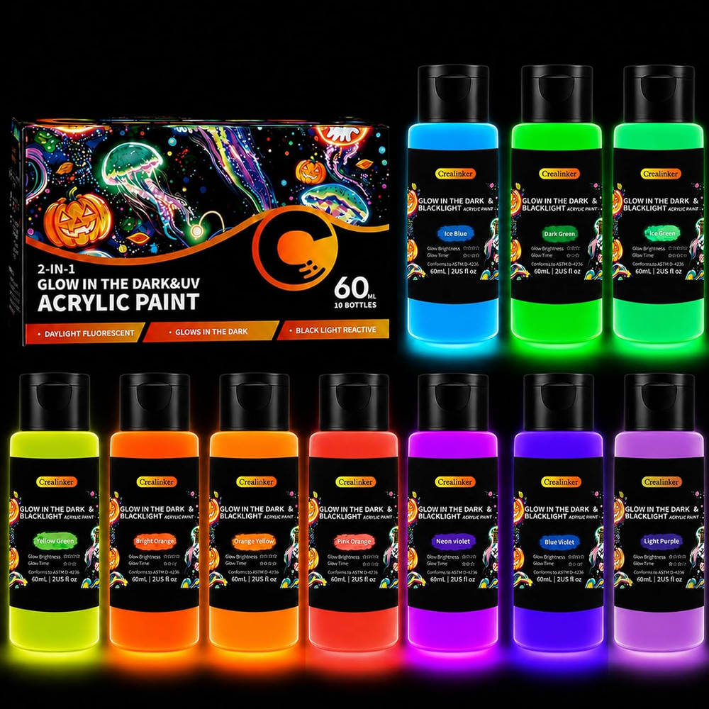 Glow in the Dark Acrylic Paint, 10 Colors 2Oz/60Ml Bright Neon Glow Paint, Long