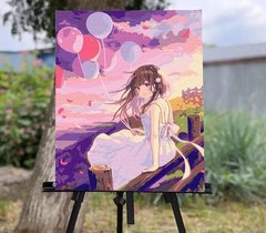 Anime Girl Paint by Number Kit 16×20″ Purple Sunset Acrylic DIY Canvas 24 Colors