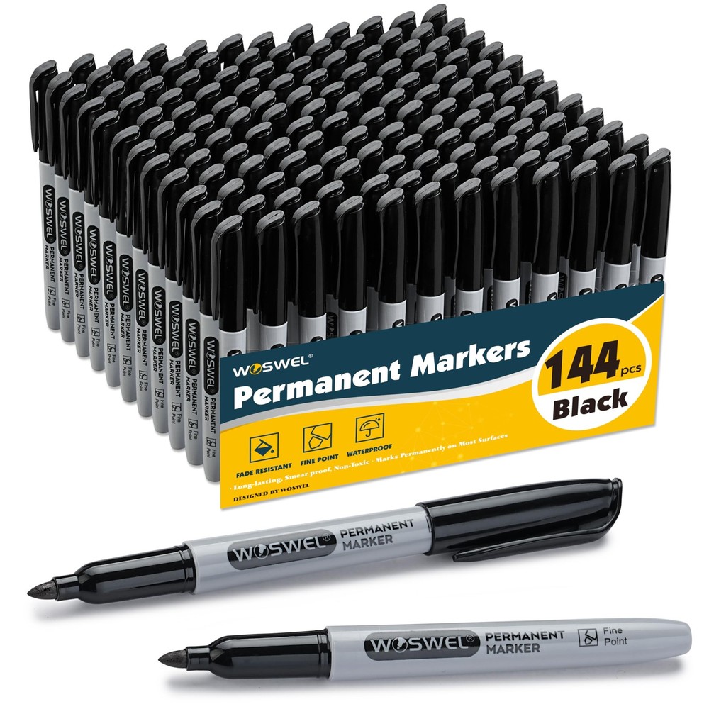 WOSWEL Permanent Markers Bulk, 144 Pack Fine 1 Count (Pack of 144), Black