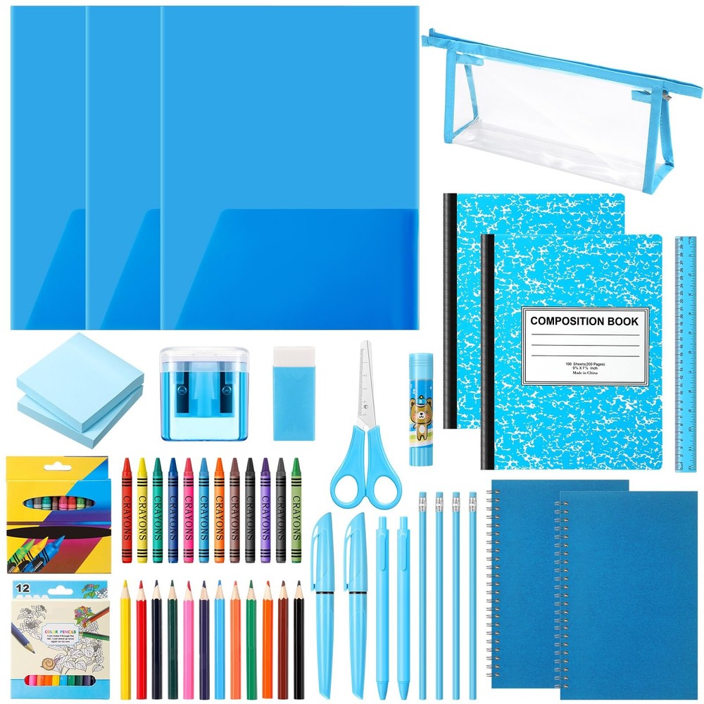48 PCS School Stationary Set Essentials Bundle Folders Notebooks Blue