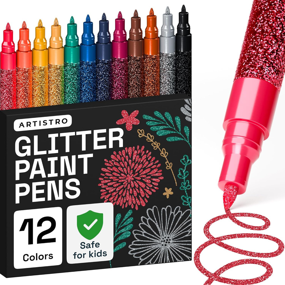 Glitter Paint Pens for Rock Painting, Stone, Ceramic, Glass, Wood, Fabric, Scrap