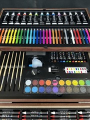 Wooden Art Set Case Oil Paint Colored Pencils Pastels Complete Kit ~ 210 Pieces