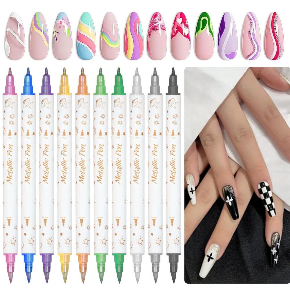 10 Colors Glitter Nail Art Pens Dual Tip Metallic Marker Brush Fine Point