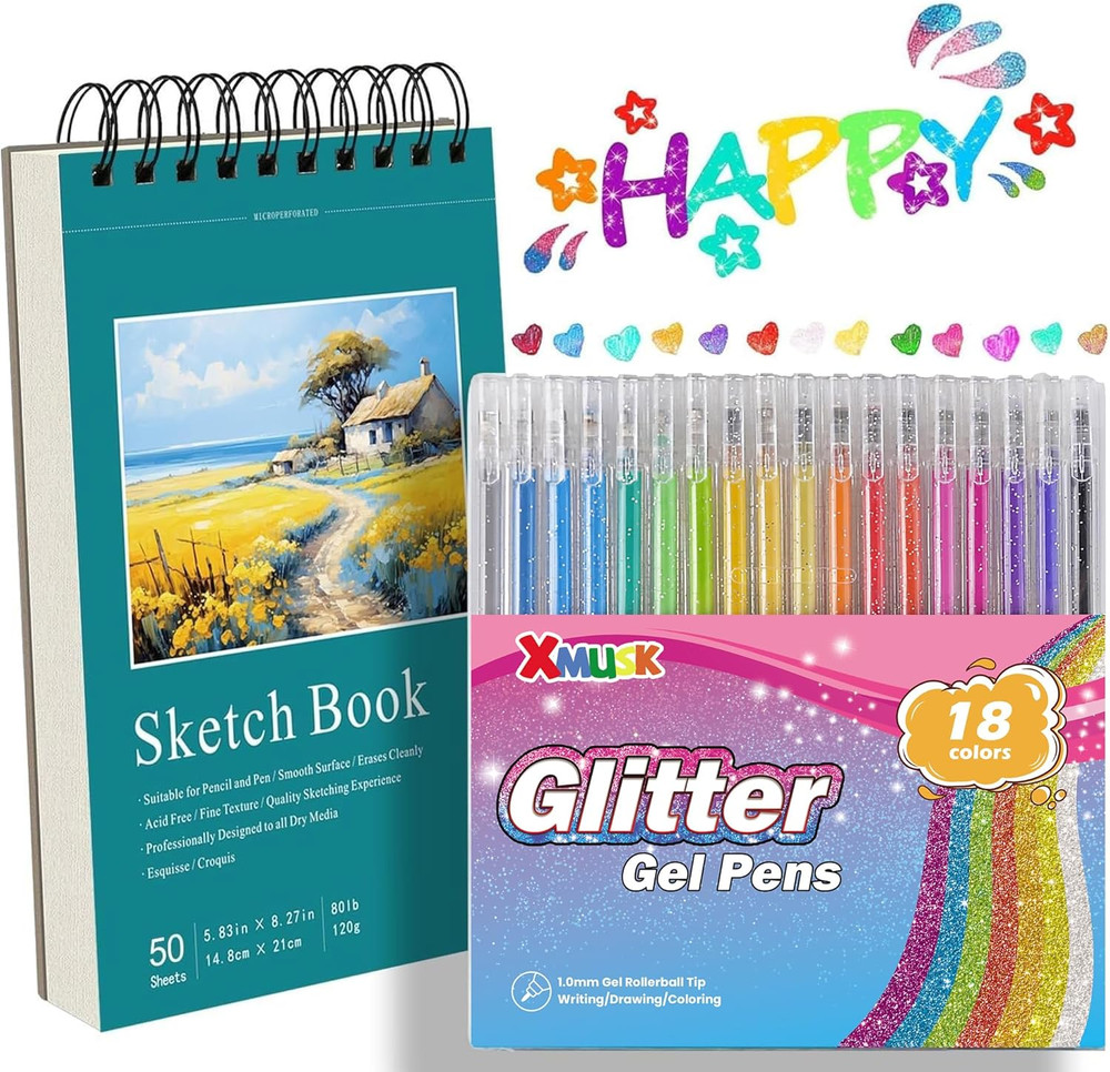 18 Colors Glitter Gel Pens Set with A5 Sketchbook (50 Sheets 120Gsm) | Sparkling