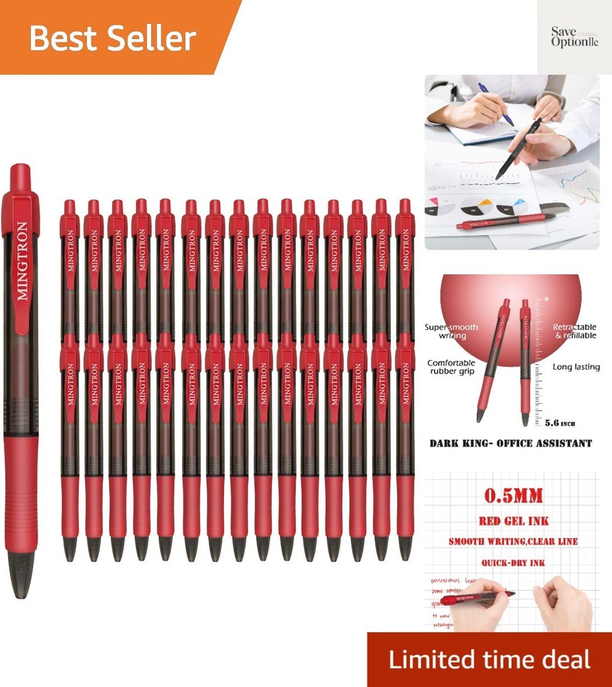 30 Pack Red Fine Point Gel Pens – No Smear, Quick Drying, 0.5MM Retractable