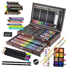 145 Piece Deluxe Art Set, Wooden Box & Drawing Kit with Crayons, multi-color
