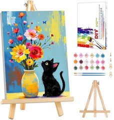 Cat Paint by Numbers Kit for Adults Beginner Wooden Easel, Black Cat Paint b…
