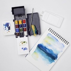 Complete Cotman Watercolor Kit – 12 Half Pans with Brush, Sponge, Water Bottle