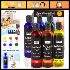 Vibrant 6 Colors Liquid Watercolor Paint Set – Non-Toxic 4oz Art Supplies for DI