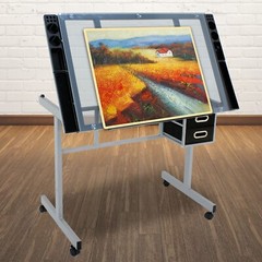Drafting Table on Wheels Adjustable Glass Tabletop Drawing Desk w/Storage Drawer