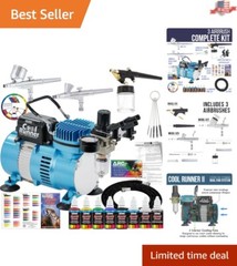 Cool Runner II Dual Fan Air Compressor Kit with 3 Airbrushes & 6 Acrylic Paints
