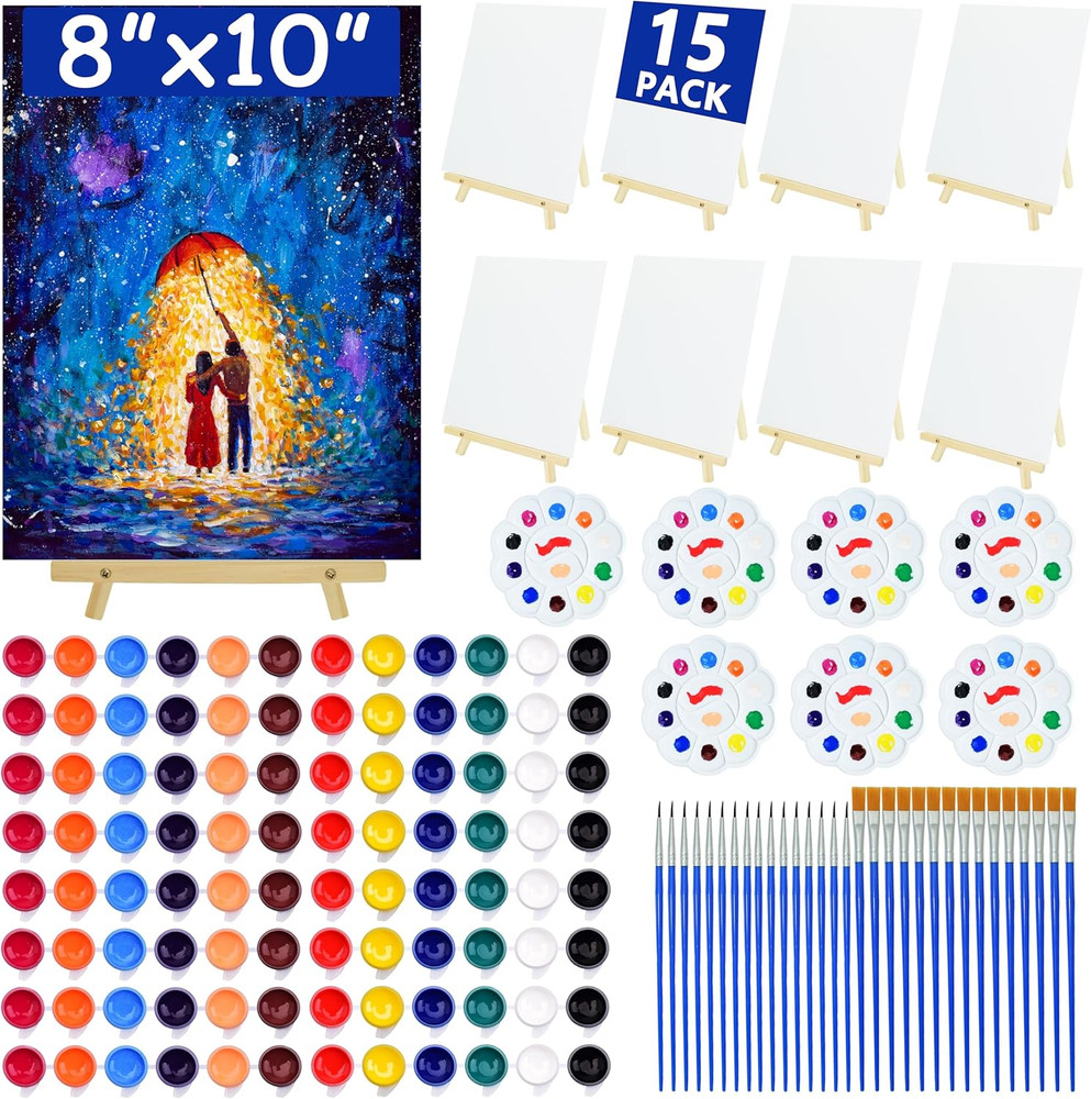 15 Pack 8X10 Inch Canvas and Easel Set, Sip and Paint Kit for Adults,Art Canvas