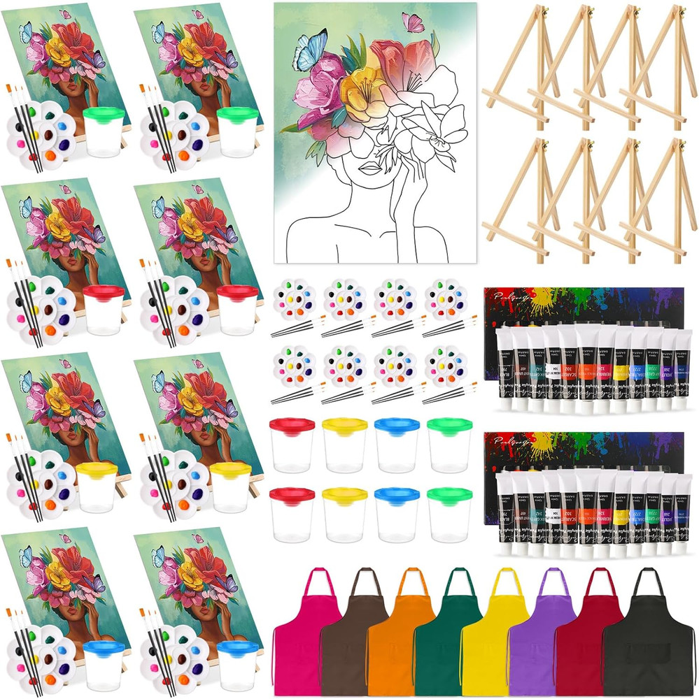 8-Piece Paint and Sip Kit for Adults with Pre-Drawn Canvases and Easels
