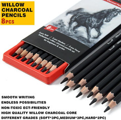 Brusarth Professional Charcoal Pencils Drawing Set – 8 Pieces Soft Medium and Ha