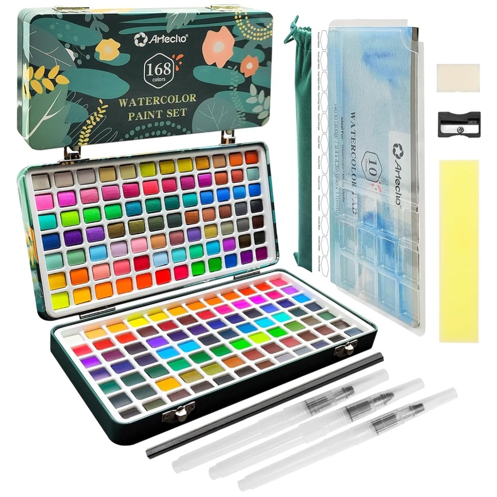 168-Color Watercolor Paint Set with Brushes & Pad