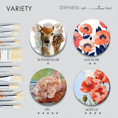 15-Piece Professional Oil Paint Brush Set Natural Hog Bristle No-Shedding
