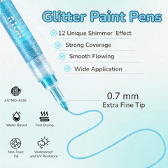 Glitter Markers Pen，12 Glitter Colors Paint Pens Sparkly Metallic Shimmer Acryli