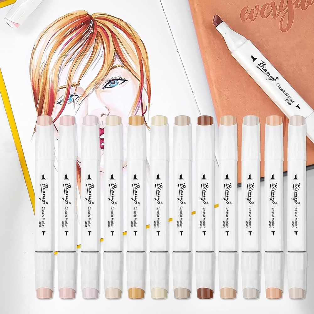 12 Skin Tone Alcohol Markers, Dual Tip Fine & Chisel Markers for Coloring, Portr
