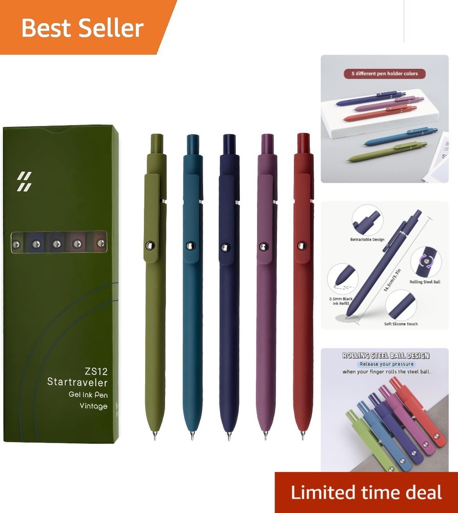5 Count Gel Pens: 0.5mm Black Ink with Elegant Metal Clip & Soft Grip