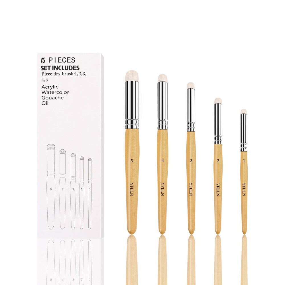 Drybrush Set, 5 Sizes Miniature Paint Brushes, Multipurpose, Animal Hair, White,