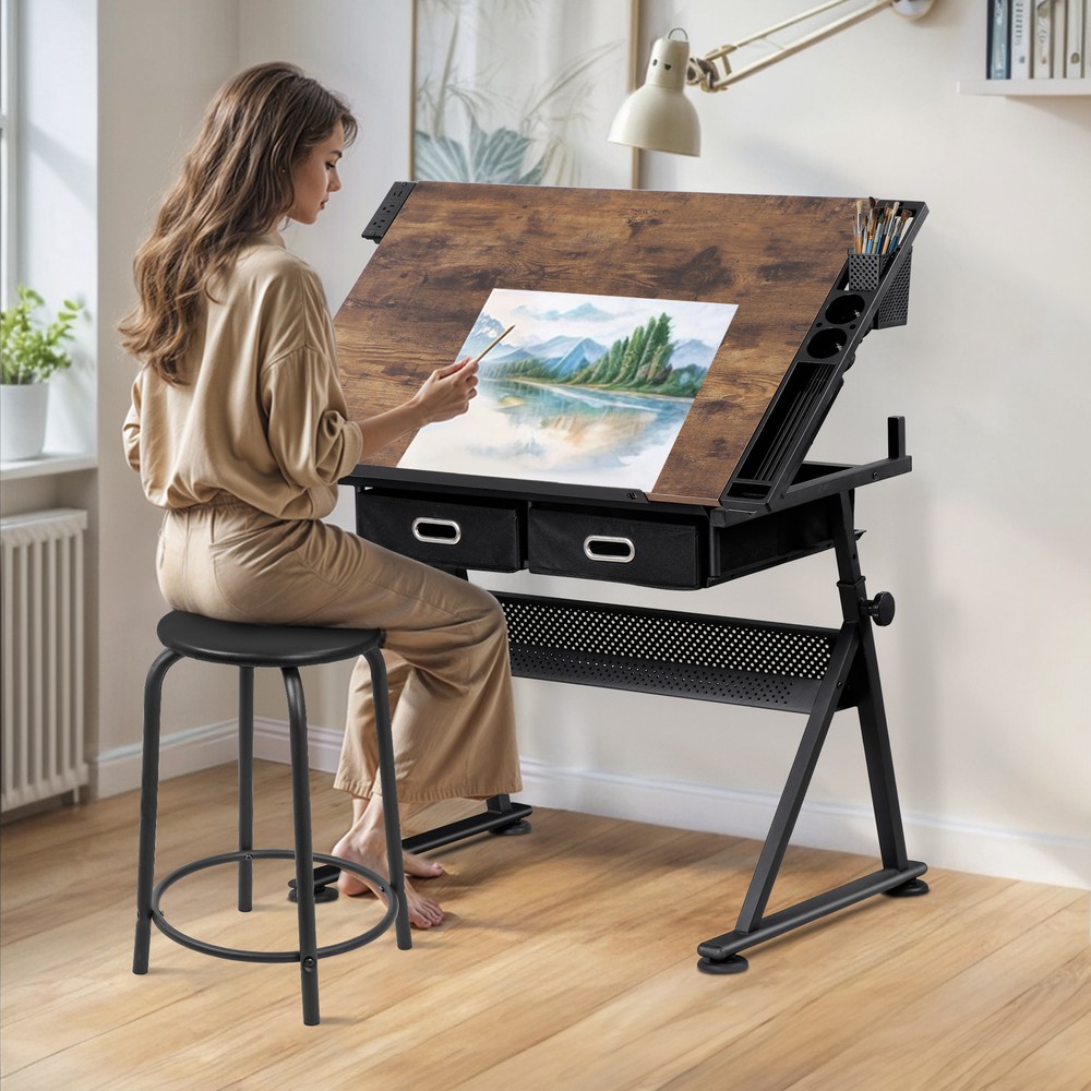 Drafting Table & Stool Set with Adjustable Height with Drawers & Charge Station