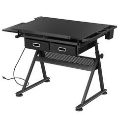 Drafting Table Wooden Drawing Desk Craft Station Artist w/Charging Station Black