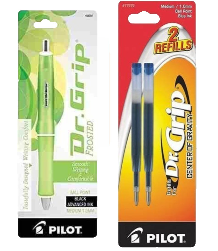 Pilot Dr. Grip Frosted Pen Med. 1.0mm Green w/ Blue Ink Refill Office School