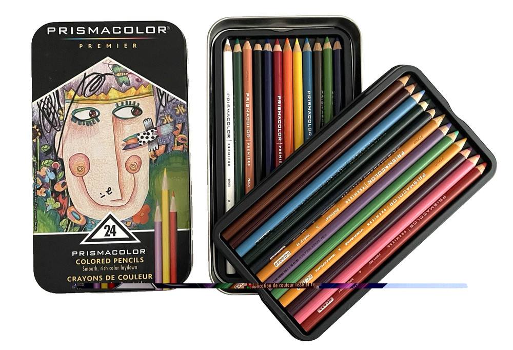 PRISMACOLOR PREMIER COLORED PENCILS Set of 24 in Metal Tin Drawing FINE ART EUC