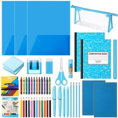 48 PCS Blue School Stationery Set Folders Notebooks Pencils Pens Bundle