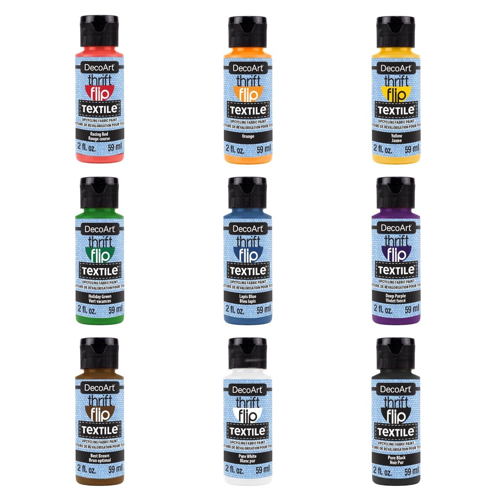 DecoArt Thrift Flip Fabric Acrylic Paint Set – Primary Colors, 9 Bottles (2 f…