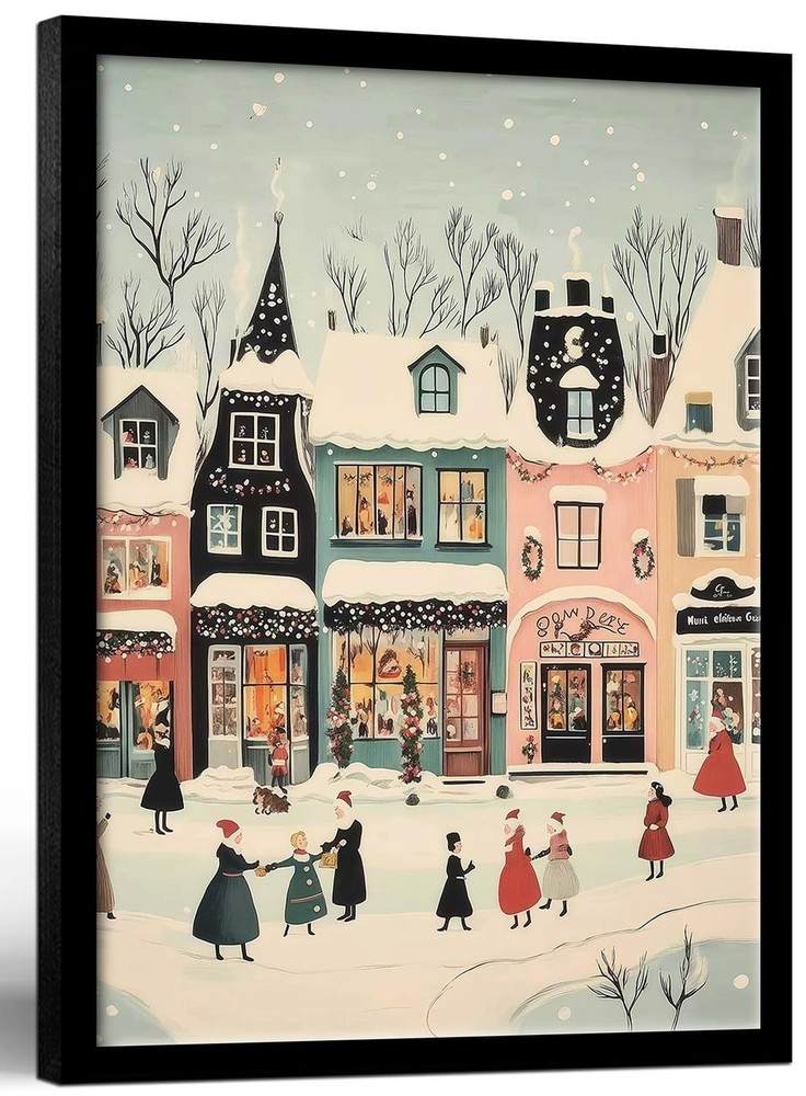 Framed Christmas Street Scene Canvas Wall Art Winter Festival Painting Print …