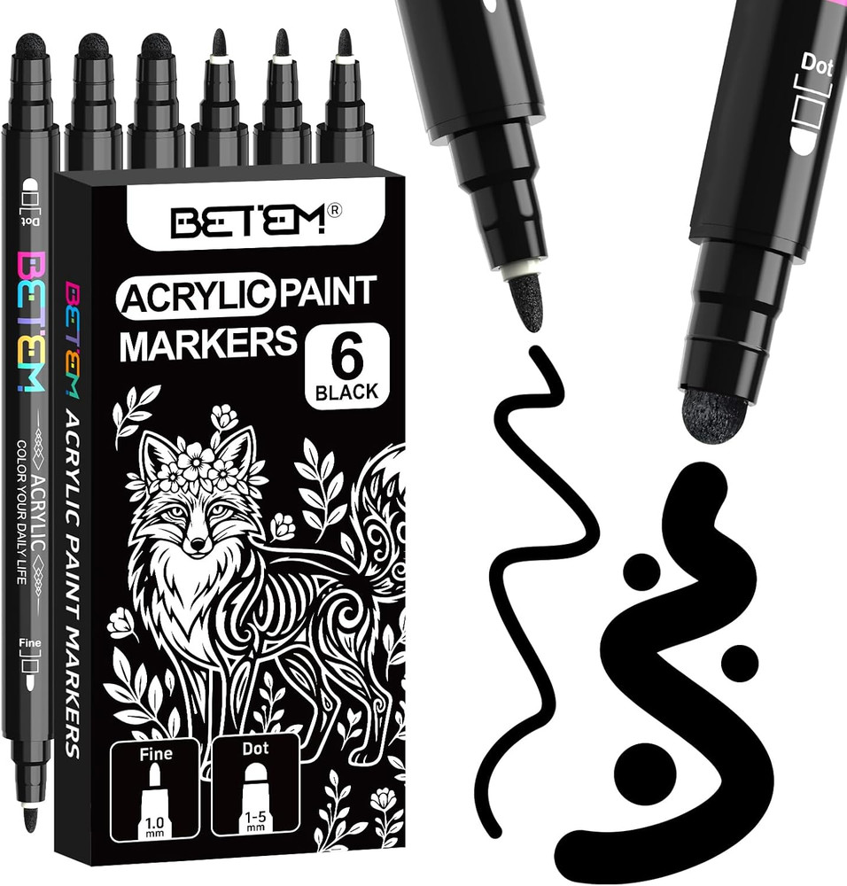 6 Black Dual Tip Acrylic Paint Markers, Fabric Decorating Kits Premium Water-Bas