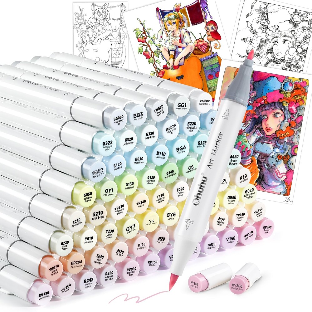 Ohuhu Marker Pens, Brush Type, 96 Light Shades, Professional Pastel/Illustration