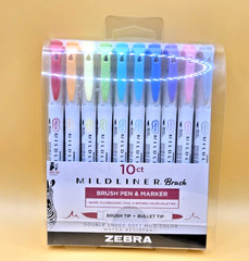 Zebra Mildliner Brush Pens | Double Ended Brush & Bullet | 10 Assorted Colors
