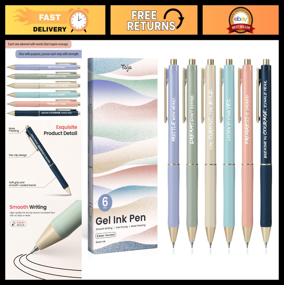 6 Pcs Quick Dry Black Gel Pens, 0.5mm Fine Point, Smooth Writing for Journaling