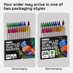 24 Metallic Dual-Tip Acrylic Paint Markers Set – Fine & Dot Tips for Fabric, Roc