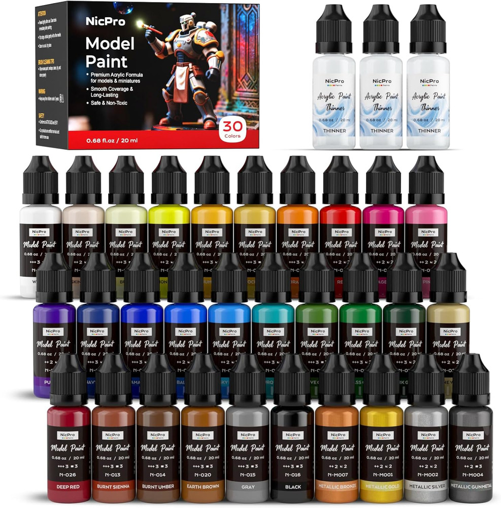 30 Colors Model Paint Set, 20Ml Ready to Use Modeling Acrylic Paints, Brush & Ai