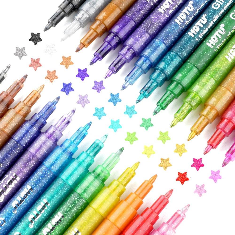 HOTU Glitter Markers Pen: 24 Sparkly Colors Metallic Marker 0.7mm Extral Fine Ti
