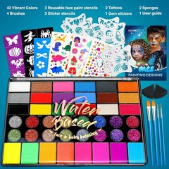 Water-Activated & Skin-Friendly 42 Color Face Paint Set with Stencils & Gems