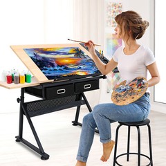 Height Adjustable Drafting Table Drawing Artist Craft Desk w/ Stool & 2 Drawers
