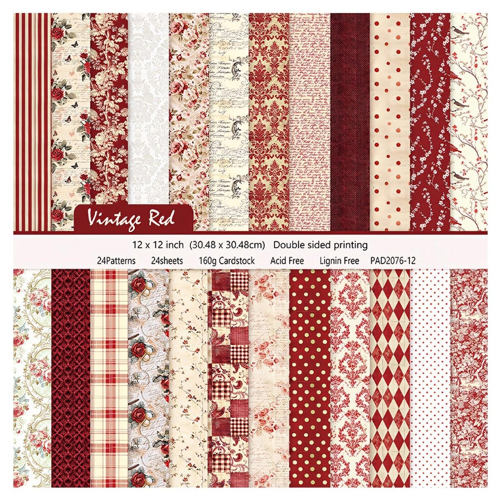 24 Sheets Vintage Red Floral Scrapbook Paper 12x12in 160gsm Double Sided