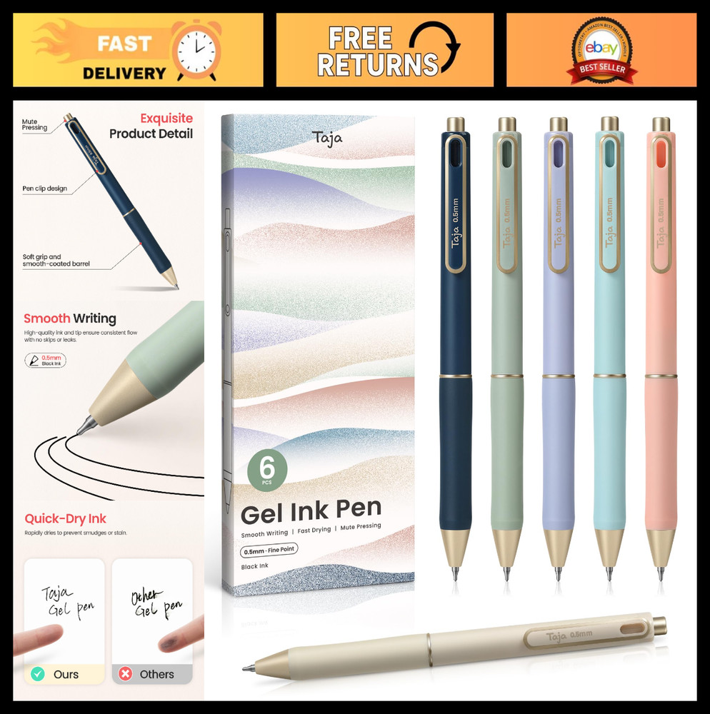 6 Pcs Quick Dry Black Gel Pens, 0.5mm Fine Point Smooth Writing for Journaling &