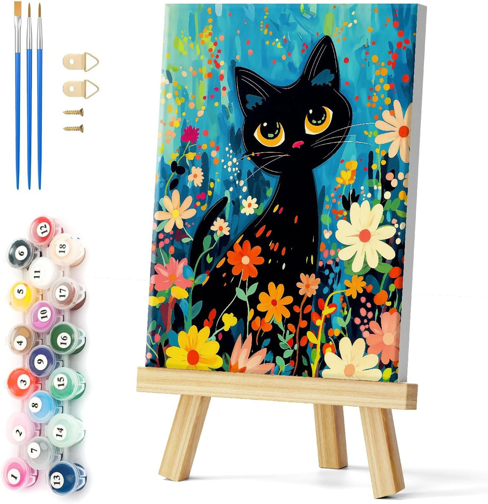 Black Cat Paint by Number with Frame 12″X16″ – Framed Paint by Numbers Kit for A