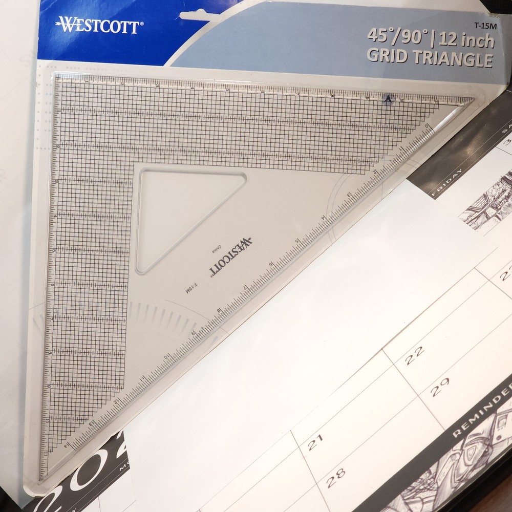 Westcott 90⁰/45 12″ Triangle 1/8 Grid Inch and Metric Clear Beveled Edges T-15M