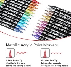24 Metallic Colors Acrylic Paint Markers, Dual Tip w/ Fine Tip & Brush Tip Pens